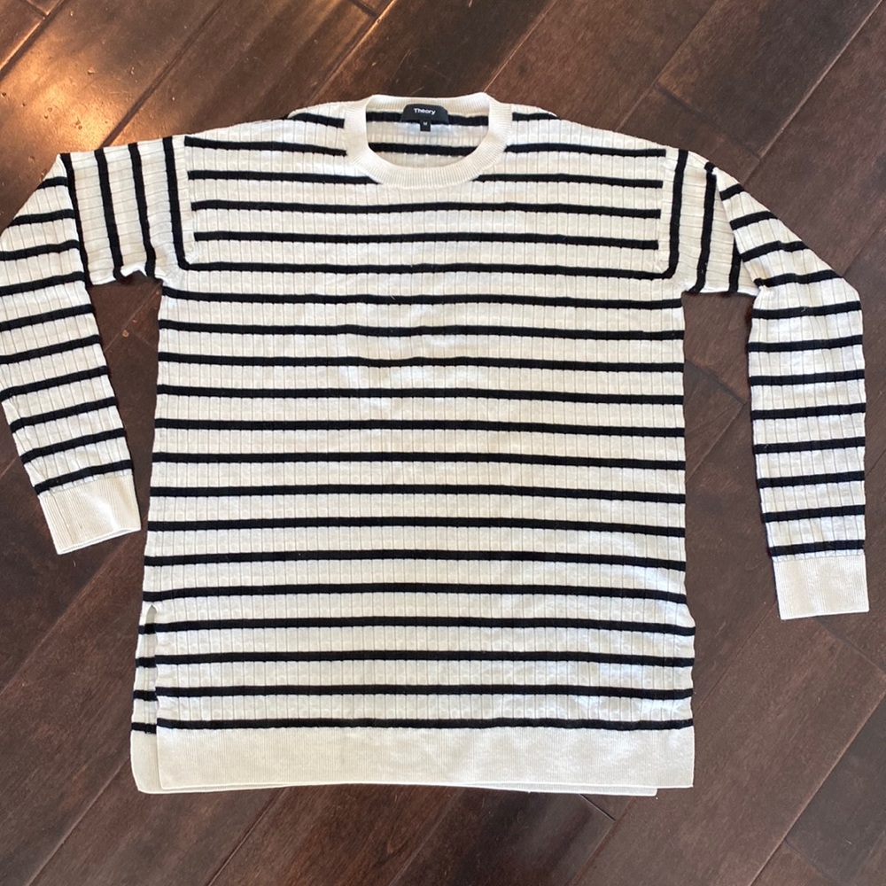 Classic Cream & Navy Striped Long Sleeve Theory Sweater 100% Merino Wool
